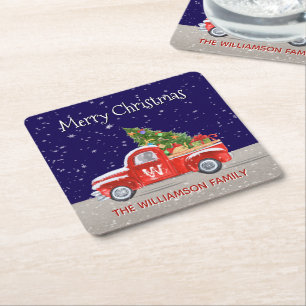Weihnachtswagen mit Schnee bei Nacht Mit Monogramm Rechteckiger Pappuntersetzer