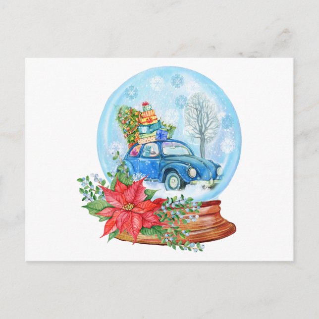 Weihnachtswagen, Poinsettia Schneeglobe Postkarte (Vorderseite)
