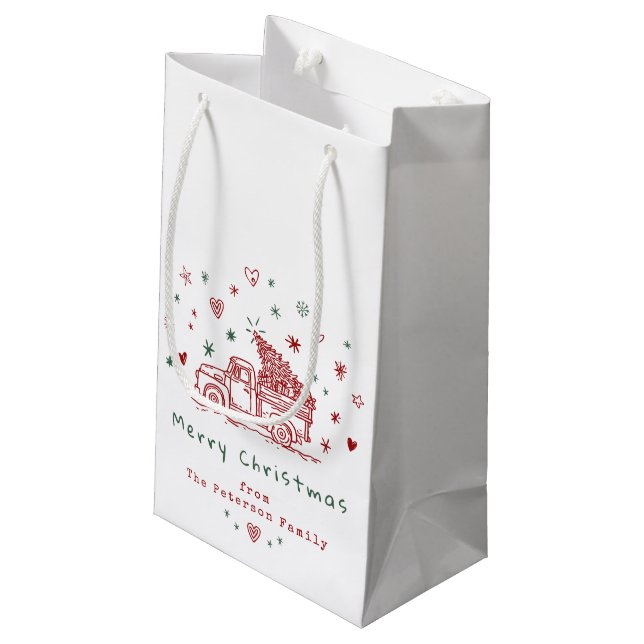 Weihnachtswagen Retro Rot und Grün Kleine Geschenktüte (Rückseite Schrägansicht)