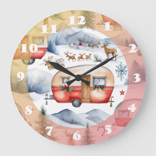 Weihnachtswagen, Schnee, Hirsch Große Wanduhr (Vorderseite)