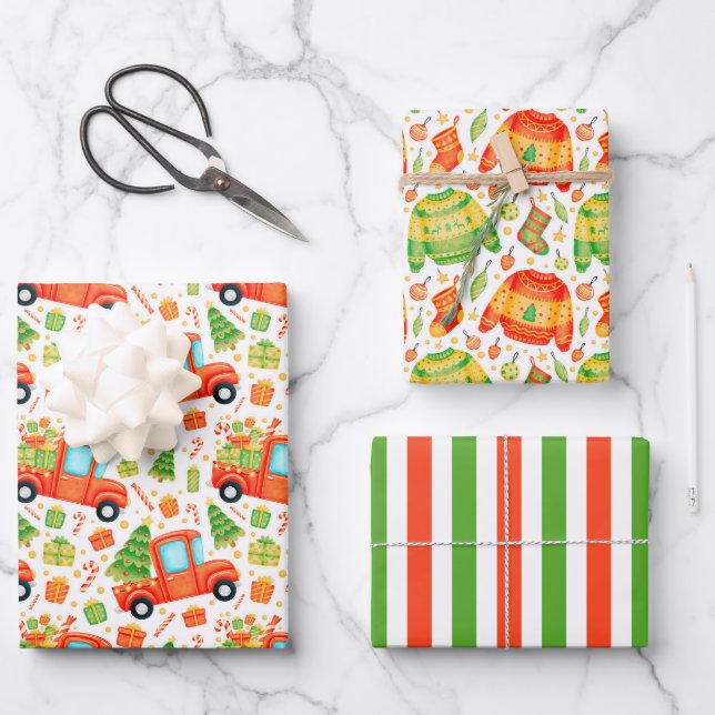Weihnachtswagen & Sweaters Umschlagpapier Set 3 Geschenkpapier Set (Vorderseite)