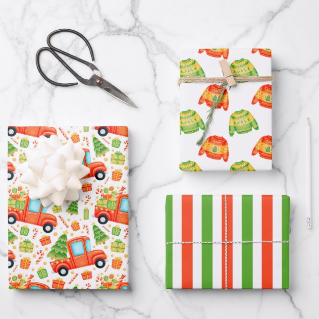 Weihnachtswagen & Sweaters Umschlagpapier Set 3 Geschenkpapier Set (Vorderseite)