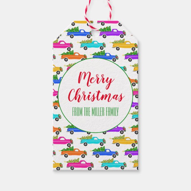 Weihnachtswagen Weihnachtsbaumen Kämpfe farbenfroh Geschenkanhänger (Vorderseite)