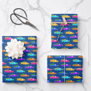 Weihnachtswagen Xmas Bäume Wraathen farbenfroh Bl Geschenkpapier Set