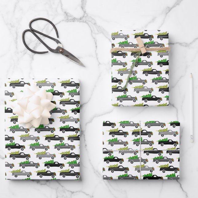 Weihnachtswagen Xmas Trees Wreaths Graustufen Geschenkpapier Set (Vorderseite)