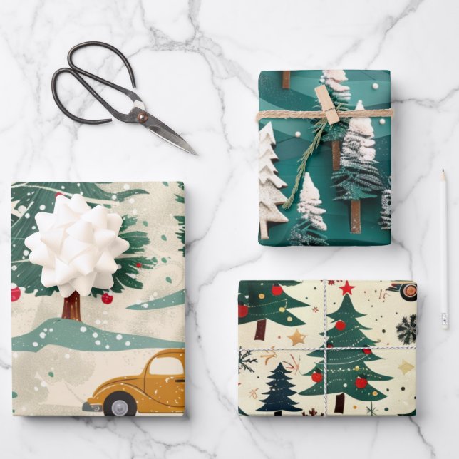 Weihnachtswagenmuster Geschenkpapier Set (Vorderseite)