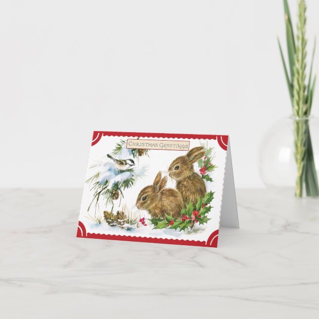 Weihnachtswald Bunnies und Vogelwelt Karte (Vorderseite)