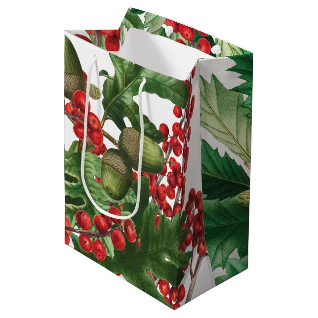 Weihnachtswald Festliche Berries Acorn Evergreen Mittlere Geschenktüte (Vorderseite Schrägansicht)