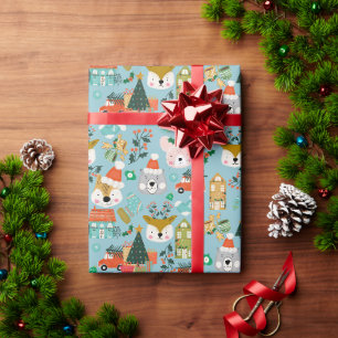Weihnachtswald Festliche Furry Freunde Blau Geschenkpapier