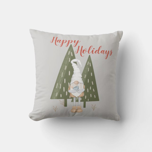 Weihnachtswald Gnome Happy Holidays Gray Kissen (Vorderseite)