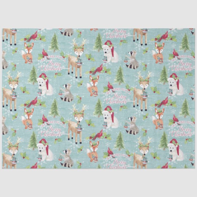 Weihnachtswald Hirschbärtiere Dusty Blue Seidenpapier (Vorderseite)
