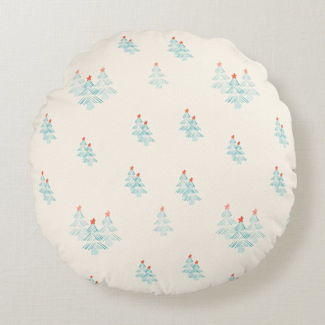 Weihnachtswald, Weihnachtsbäume aquamarin. Rundes Kissen (Vorderseite)