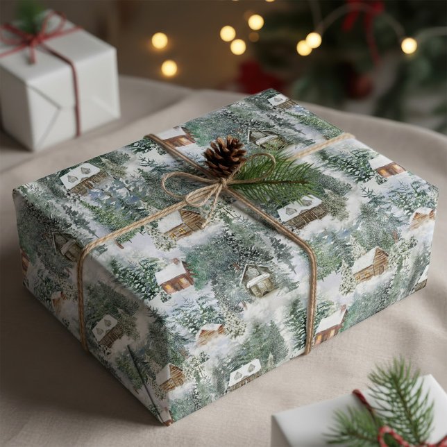 Weihnachtswaldkabinen Wasserfarbe Geschenkpapier (Von Creator hochgeladen)