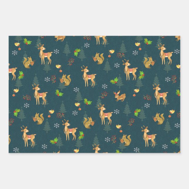 Weihnachtswaldlandwrapping Paper Flat Navy Geschenkpapier Set (Vorderseite)