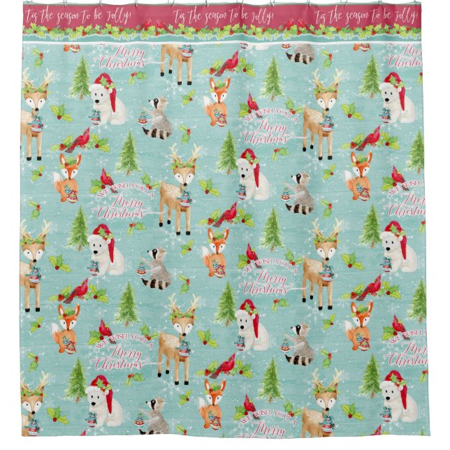 Weihnachtswaldtiere Fox Deer Raccoon Bär Duschvorhang (Vorderseite)
