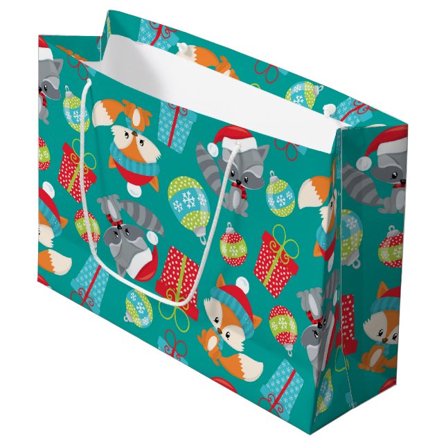 Weihnachtswaldtiere Muster Party Tasche Große Geschenktüte (Vorderseite Schrägansicht)