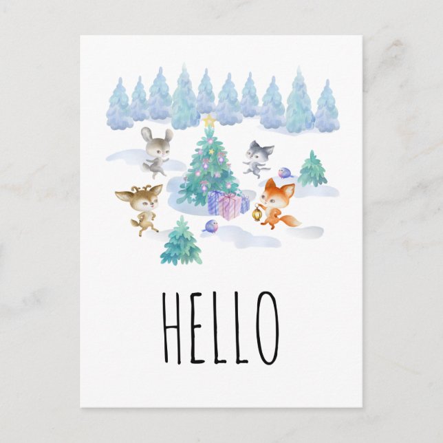 Weihnachtswaldtiere Wasserfarbe Hallo Postkarte (Vorderseite)