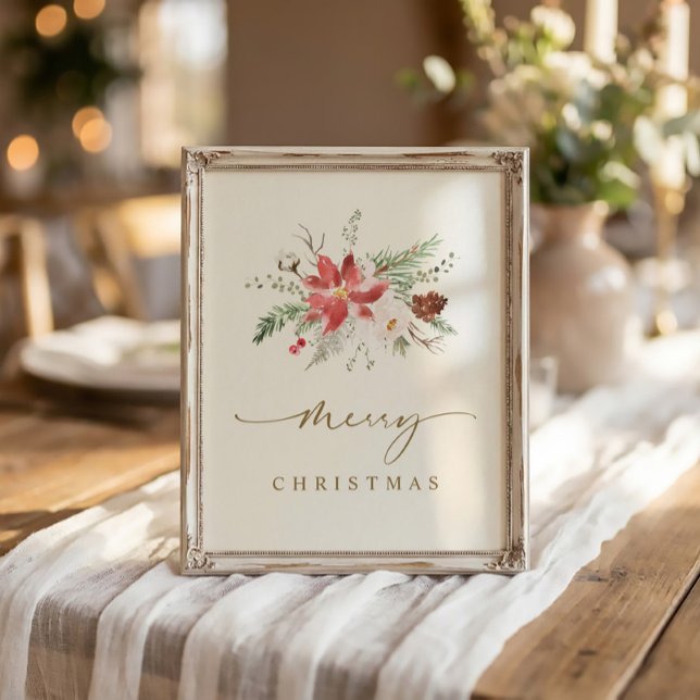 Weihnachtswall Poster (Elegant Merry Christmas sign 8x10 watercolor poinsettia and winter greenery)