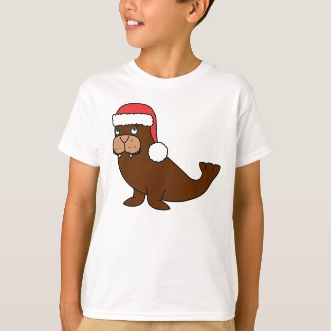 Weihnachtswalroß mit roter Weihnachtsmannmütze T-Shirt (Vorderseite)