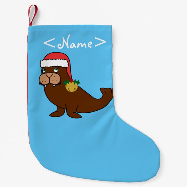 Weihnachtswalroß mit Weihnachtsmannmütze u. Gold Kleiner Weihnachtsstrumpf (Vorderseite)
