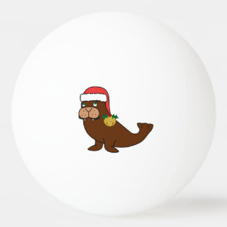 Weihnachtswalroß mit Weihnachtsmannmütze u. Gold Tischtennisball