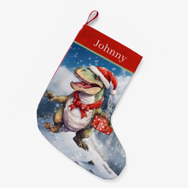 Weihnachtswasserfarbe Dinosaurier hinzufügen Kleiner Weihnachtsstrumpf (Vorderansicht (hängend))