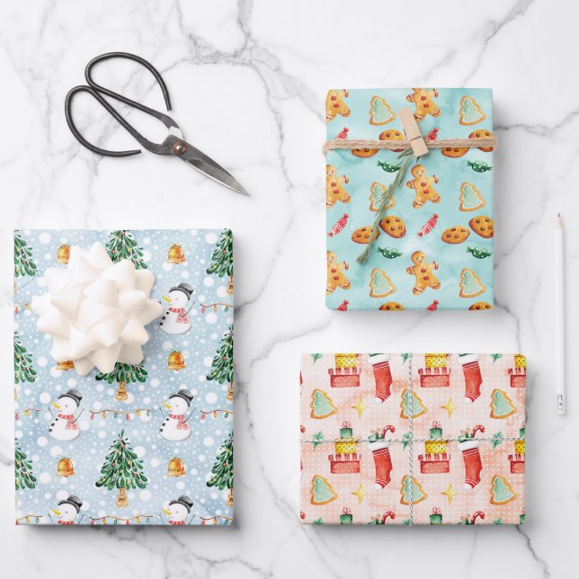 Weihnachtswasserfarbe Festmuster Geschenkpapier Set (Vorderseite)