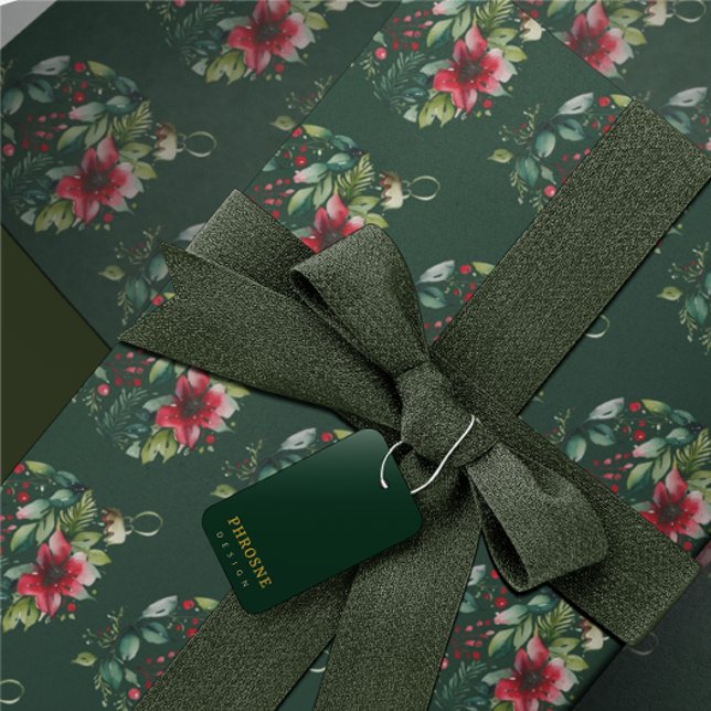 Weihnachtswasserfarbe Grüne Bäume Poinsettia Bobbl Geschenkpapier (Von Creator hochgeladen)