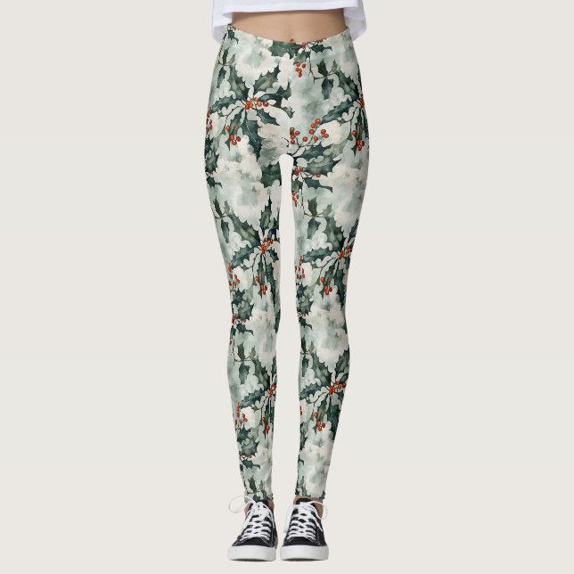 Weihnachtswasserfarbe Heilige Blume und Berries Leggings (Vorderseite)