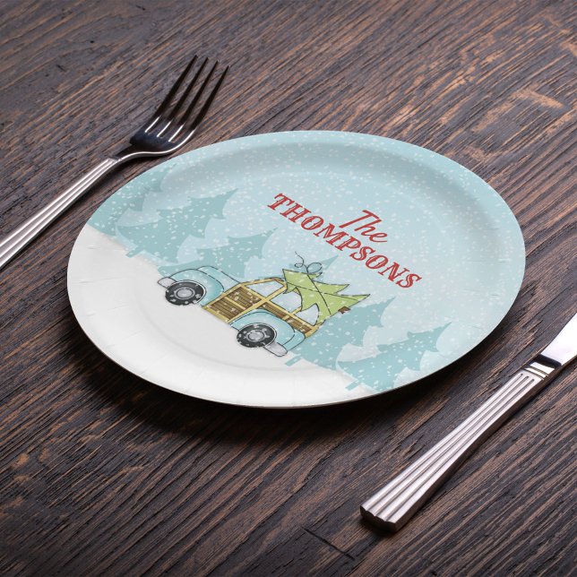Weihnachtswasserfarbe Moderne rustikale Nostalgisc Pappteller (Cute whimsical Christmas tree and Woodie wagon car winter scene paper plate. )