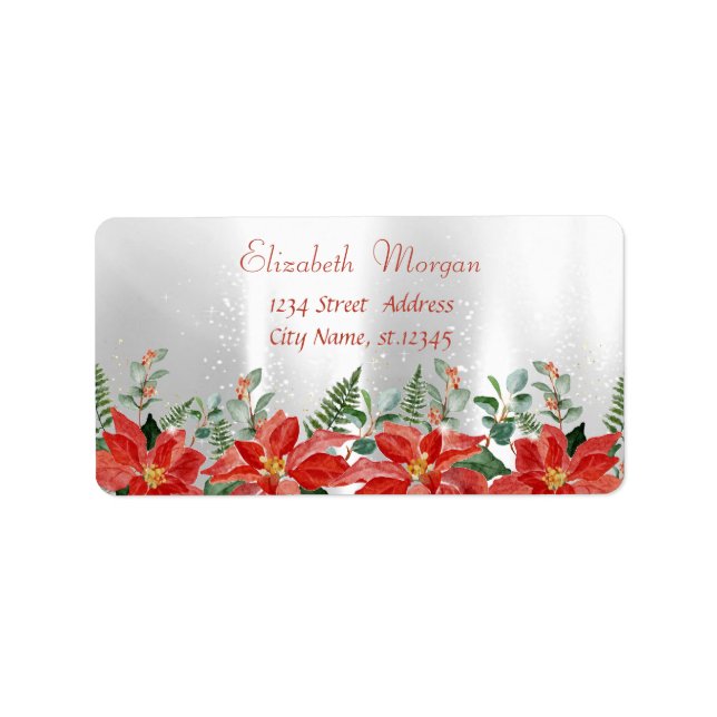Weihnachtswasserfarbe Poinsettia, Silber Adressaufkleber (Vorne)