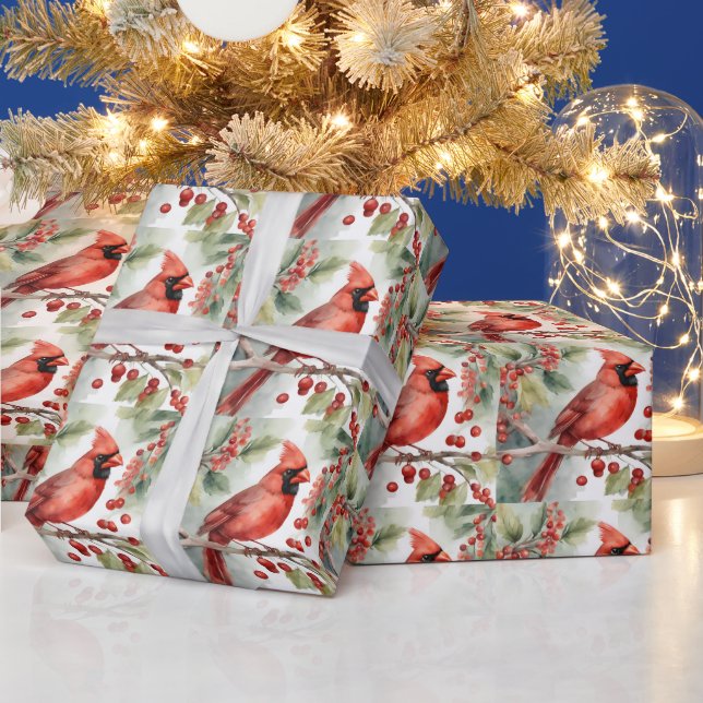 Weihnachtswasserfarbe Roter Kardinal und Beeren Geschenkpapier (Feiertage)