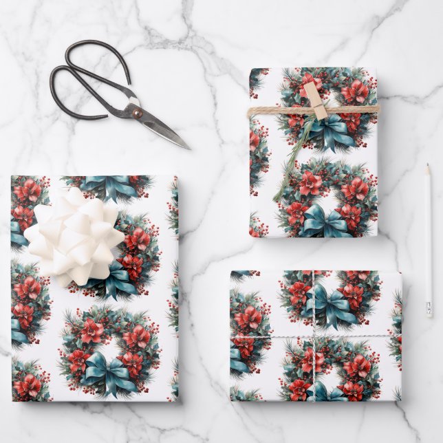 Weihnachtswasserkranz mit Holly Pattern Geschenkpapier Set (Vorderseite)