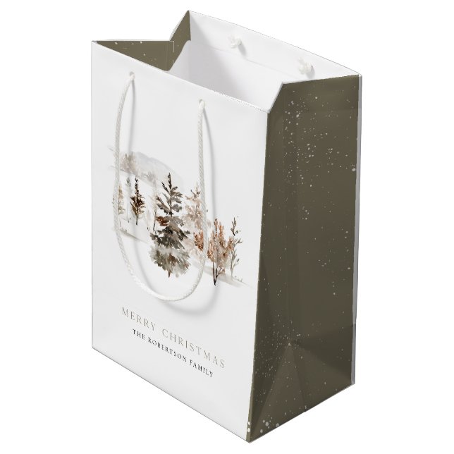 Weihnachtswatercolor Winterlandschaft Geschenktasc Mittlere Geschenktüte (Rückseite Schrägansicht)