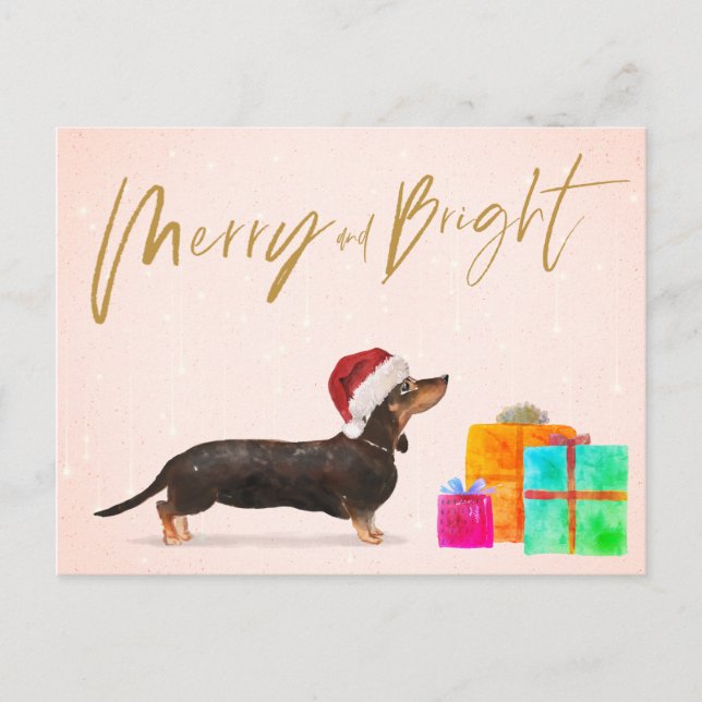 Weihnachtsweih Hund Dackel Merry Bright Postkarte (Vorderseite)
