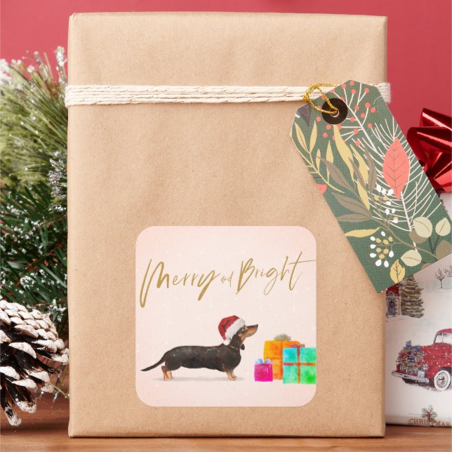 Weihnachtsweih Hund Dackel Merry Bright Quadratischer Aufkleber (Feiertag)