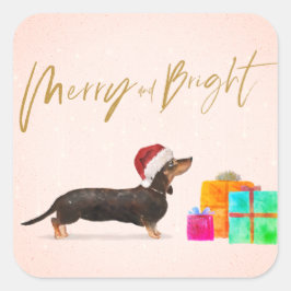 Weihnachtsweih Hund Dackel Merry Bright Quadratischer Aufkleber