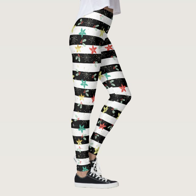 Weihnachtsweihe und Poinsettia Schwarz-weiße Strei Leggings (Rechts)