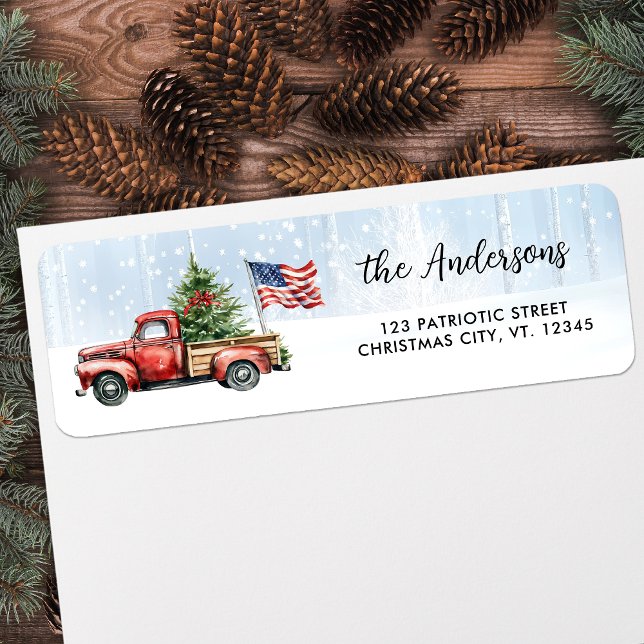 Weihnachtsweihnachtsfahrt Roter Lkw US-Flagge Rück (Vintage Christmas Red Truck US Flag Return Address Label)