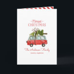 Weihnachtsweihnachtsstall Karte<br><div class="desc">Erleben Sie festliche Stimmung mit diesem lustigen Aquarellauto und dem Weihnachtsbaumdesign. Ein wunderschönes, von Hand bemaltes rotes Auto und ein grüner Baum verleihen dem Haus ein traditionelles rustikales Ambiente, das durch modernen, trendigen, kühlen Skript-Schriftart ergänzt wird. Der Text kann mit Ihrem Familiennamen und Ihrer Nachricht personalisiert werden, um ihn besonders...</div>