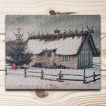 Weihnachtsweihnachtszene mit Hütte<br><div class="desc">Ein Rätsel mit einem Vintage-Bild einer schneebedeckten Landschaft mit Hütte, Strohdach und Holzzaun, Button und einigen Geschenkpaketen. Der Himmel funkelt vor Sternen. Es wird perfekt als Geschenk für ein Puzzle süchtig!</div>