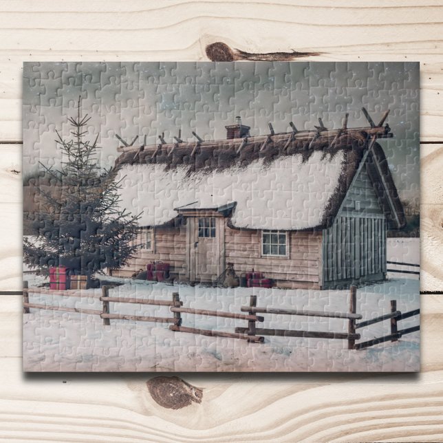 Weihnachtsweihnachtszene mit Hütte (Vintage Christmas Winter Scene with Cabin Jigsaw Puzzle)