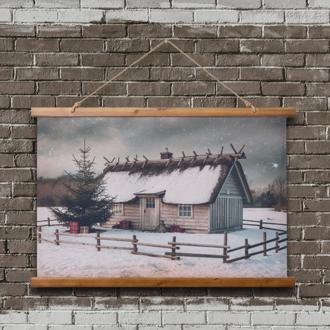 Weihnachtsweihnachtszene mit Hütte Wandteppich Mit Holzrahmen (Vintage Christmas Winter Scene with Cabin Hanging Tapestry)
