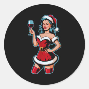 Weihnachtswein Santa Mädchen Feierparty Lustig Vin Runder Aufkleber