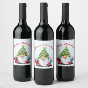 Weihnachtsweinetikett Party Gnome mit Geschenk Weinetikett