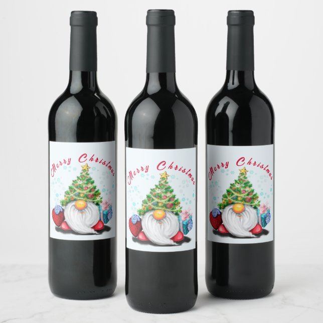 Weihnachtsweinetikett Party Gnome mit Geschenk Weinetikett (Flaschen)