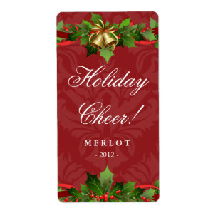 Weihnachtsweinlabel Holly Gold Bells Damask Rot