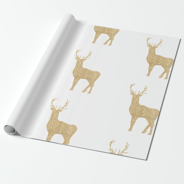 Weihnachtsweiß und Goldene Rentiere Geschenkpapier (Ungerollt)