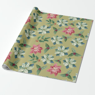 Weihnachtsweiß und rote Poinsettie, Stechpalmenbee Geschenkpapier