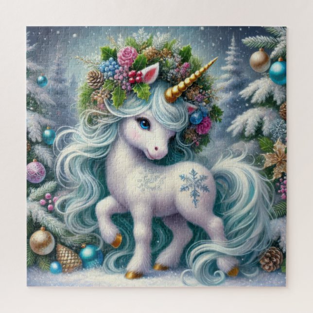 Weihnachtsweiße Einhorn mit Goldhorn (Vertikal)
